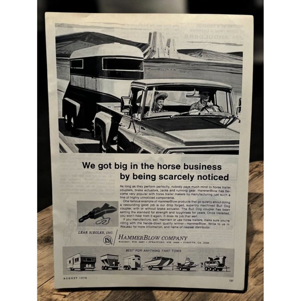 Hammerblow Horse Trailers Vintage Print Ad 1970s Lear Siegler Forsyth GA